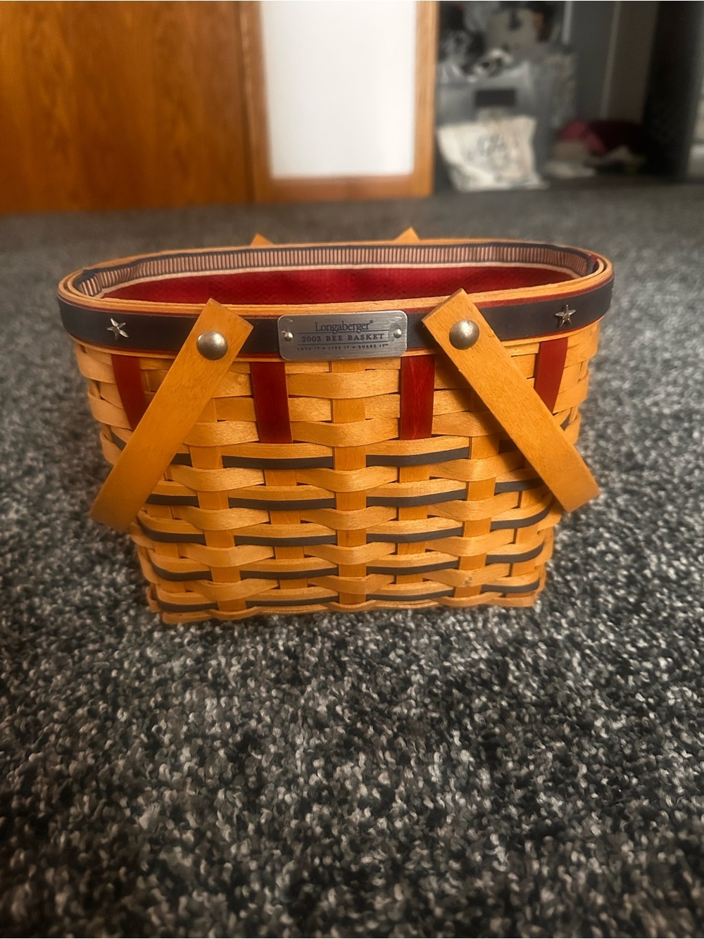 Longaberger Woven Basket Handbag with Red Accents